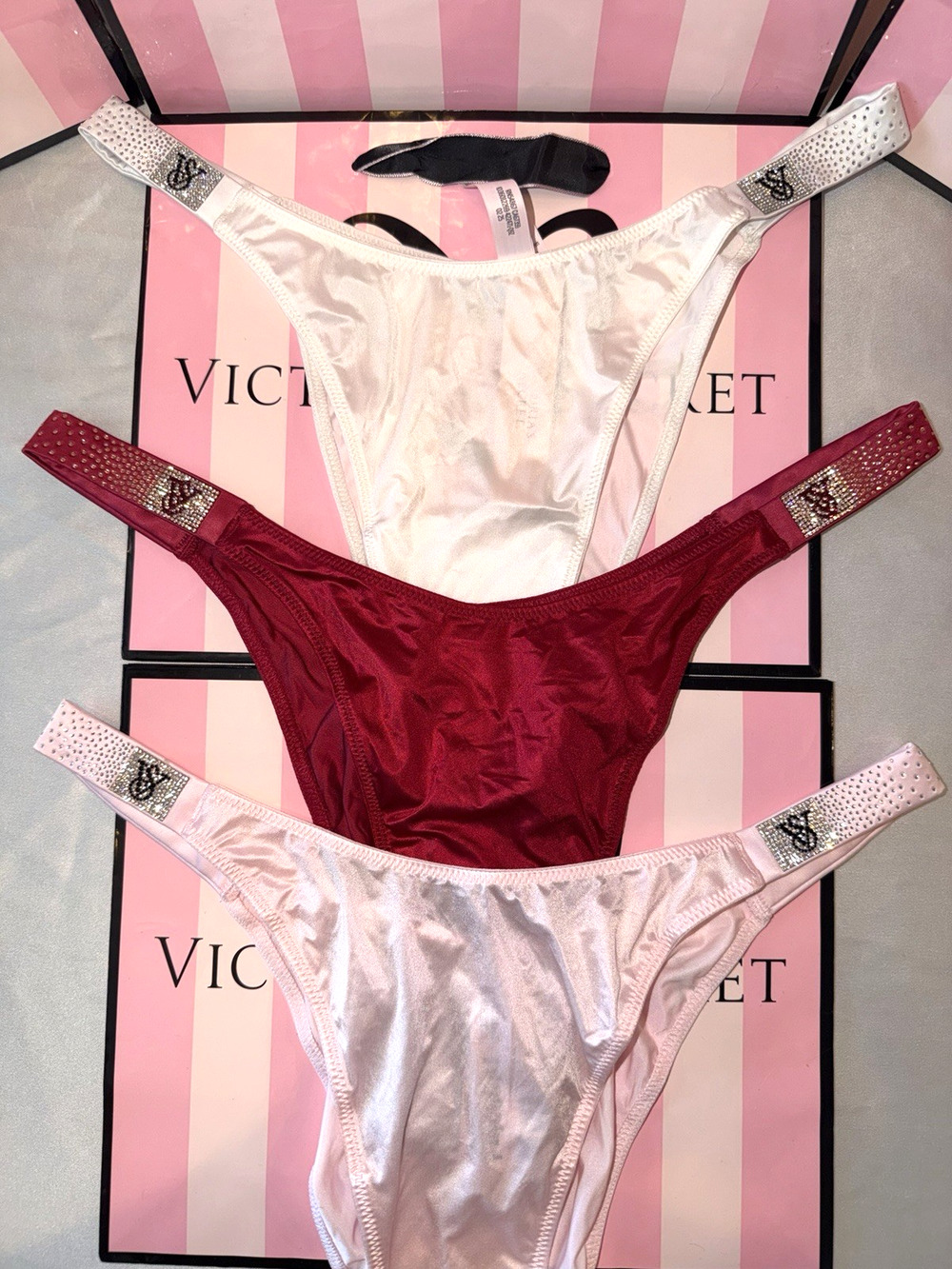 Victorias Secret Thong Brazilian Shine Strap Satin Large 3 Pair